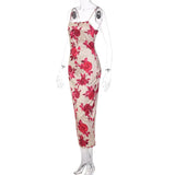 Red Rose Print Satin Midi Dress-Outfit