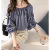 New Korean Version Of Temperament Word-Collar Shoulder Chiffon Shirt Women Loose Bubble Tops Thin Solid Color Bottom