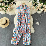 Vintage Print Jumpsuits Autumn Turn Down Collar Sleeveless Rompers Korean Chic Streetwear Wide Leg