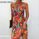Women Chic Criss Cross Tank Hollow Out Print Sleeveless A-line Mini Party Sexy Dress-Outfit