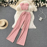 Women Solid Sexy Two Pieces Sets Summer Strapless Slim Camisole + Wide Leg Long Pants Sets Streetwear Two Piece