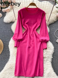 Women Autumn French Knitted Dress O Neck Long Sleeve Sheath Dress Office Lady Fashion Solid Mid Long Sweater