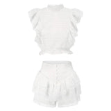 White Ruffles Crop Top And Shorts Set-Outfit