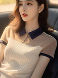 Toloer Chic And Beautiful Striped POLO Collar Short-Sleeved Shirt Women's Summer Unique Design Sense Of The