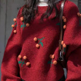 2021 Valentine's Day Red Sweaters Cherry Short Women Winter Clothes Loose Coat Cherries Korean Style Tops Pulover