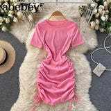 Drawstring Ruched Dress Women O Neck Short Sleeve Slim Dresses Summer Sexy Bodycon Party Short