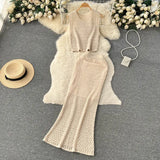 Toloer And Summer Pure Desire Gentle Wind Temperament Suit Female Hollow Out Sleeveless Short Vest Fishtail Skirt Two