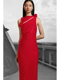 Red 3D Flower Cutout Rhinestone Midi Dress-Outfit