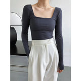 Long Sleeve Square Neck Fitted Tops Gray / Khaki / Black / White Spring Low Neck Women