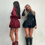 Long Sleeve Puff Baloon Fit Mini Dress-Outfit