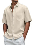New Men's Solid Color Loose Comfortable Buffly Striped Short-Sleeved Button