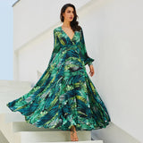 Spring Summer New Women's Dress V Collar Lantern Sleeve Red Leaf Print