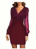Toloer Women's New Mesh Patchwork Sexy Vintage Elegant V-Neck Party Club Dress-Outfit