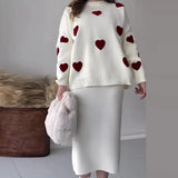Set Women Two Piece Sets Round Neck Full Sleeve Print Sweaters Knitted Tops Mid Length Skirts Loose Casual Splice-Outfit