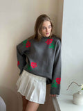 Neck Rose Sweater 2024 Autumn Winter New Female Versatile Loose Color Rose Round Neck Sweater-Outfit