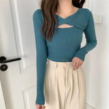 Slend Hollow Long-Sleeved Knitted Shirt Girl 2025 Spring And Autumn Careful Machine Slimming V Collar Hooded Apricot Color
