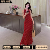 Spring And Summer French Vintage Sweetheart V-Neck Red Wave Point Hanging Neck Dress With