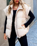 2024 New Women's Solid Color Zip Pocket Cotton-Padded Jacket Vest Fashion Standing Collar Temperament Commuter Coat-Outfit