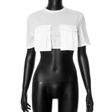 Women's Summer New Fashion Wear Round Neck Short Sleeves Pocket Ultra-Short T-Shirt
