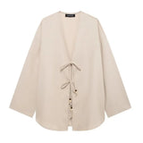 Summer New Women's Casual V-Neck Bow Tie And Suit Top Straight Trousers