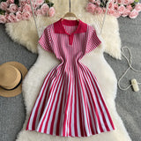 Toloer Niche Retro Color Lapel Short Sleeve Striped Dress Female Waist Show Thin Temperament A-Word Knit
