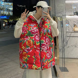 Chinese Wind Northeast Big Flower Cotton Vest Large Size Loose Autumn And Winter Coat Vest Vest Costume Sleeveless Coat-Outfit