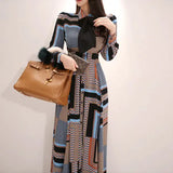 Han Queen Vintage Print Elegant Long Dress Women Spring Single-breasted Shirt Dresses Waist Swing Ankle-length Vestidos-Outfit