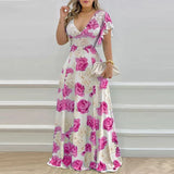 New Women's Temperament V-Neck Waist-Print Dress Fashion