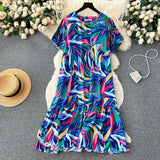 Dress Women's 2024 Summer Dress New Loose Leisure Fashion Print Medium-Long Bubble Sleeve Holiday Dress-Outfit