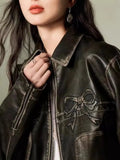 2024 Women's Leather Personality Street Sweet Cool Black Bow Leather Jacket Jacket Female-Outfit