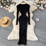 Women Autumn Knitted Dress O Neck Sexy Slim Elastic Oversized Basic Bodycon Long Dress Winter knit Warm Sweater