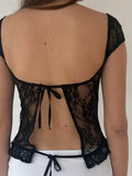 Retro Women Y2K Fairy Lace T-shirts Crop Top Mesh See-Through Slim Fit Tops Deep V-neck Backless Tees Streetwear 2023-Outfit