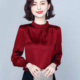 Toloer Spring 2023 New Pressure Pleated Wood Ear Shirt Female Satin Foreign Style Small Shirt Gentle Wind Bubble Sleeve Jacket-Outfit
