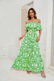 Hot Selling A Word-Collar Print Lotus Leaf Side Temperament Dress Dress