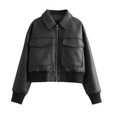 Toloer New Women's Fashion Imitation Leather Pilot Loose Jacket Jacket 874125-Outfit