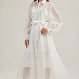 2025 New French Court Style Single Buckle Heavy Industry Splicing Lace Long-Sleeved Dress With