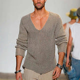 Toloer Men's Long Sleeve V-Neck Loose Sweater Fashion Casual Solid Color Knit Jumper Men's Plus