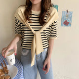 Red Fashion Short-Sleeved Knitted Shirt 2025 New Ocean Shawl Fake Two T-Shirt Striped