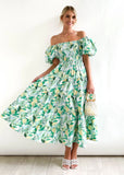 Summer New Bubble Sleeve Holiday Show Skinny Dress Babes High-Waisted Shoulder-Print Dress Dress