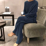 2022 Autumn Winter 2 Pieces Women Sets Knitted Tracksuit O-Neck Split Sweater and Wide Leg Jogging Pants Pullover