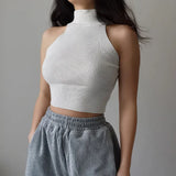 Women Ribbed Halter Tank Crop Tops Summer Spring 2023 Base T-shirt Harajuku Adults Sleeveless Solid Color Round Neck Knit Tops-Outfit