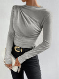 Solid Color Trim Bottom Shirt Folding Design Long-Sleeved T-Shirt Lady