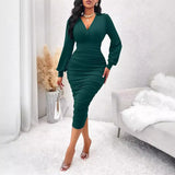 Toloer Sexy Casual Dress Solid Color V-Collar Close Waist Long Sleeve Wrap Hip Dress Female-Outfit