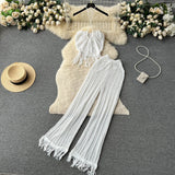 Toloer Seaside Vacation Set Women's Summer Knit Tassel Hanging Neck Top High-Waisted Hollowed-Out Trousers Two-Piece