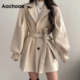 Aachoae Women Autumn Winter Slim Wool Coats With Belt Lantern Long Sleeve Turn Dwon Collar Outwear Female Chic Elegant