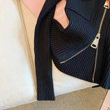 Black Ribbed Gold Button Zipper Cardigan-Outfit