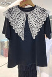 Woman Tshirts Lace Hollow Out Crochet Turn Down Collar Patchwork Short-sleeved Shirt Summer Casual Tops Clothing