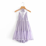The Summer Of 2024, The New Style Baitai Thin Laminated Net Yarn Spliced V-Collar Halter Skirt With Large Bare Back-Outfit