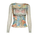 Autumn 2025 New Women's Clothing Vintage Quality-Renovined Print Mesh T-Shirt