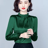Toloer Spring 2023 New Pressure Pleated Wood Ear Shirt Female Satin Foreign Style Small Shirt Gentle Wind Bubble Sleeve Jacket-Outfit
